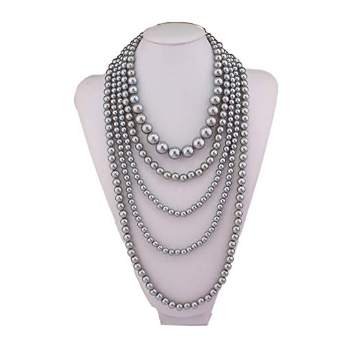 Multilayer Strand Chain Faux Pearls Flapper Beads Cluster Long Choker Necklace - color: Grey