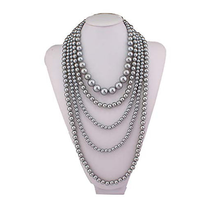 Multilayer Strand Chain Faux Pearls Flapper Beads Cluster Long Choker Necklace - color: Grey