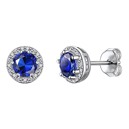 Suplight 925 Sterling Silver Birthstone Stud Earrings for Women, Round/Heart/Teardrop/Square Crystal Diamond Earrings for Women, Dainty Birthday Gifts Jewelry - color: style a-09. round-September(Created Sapphire)