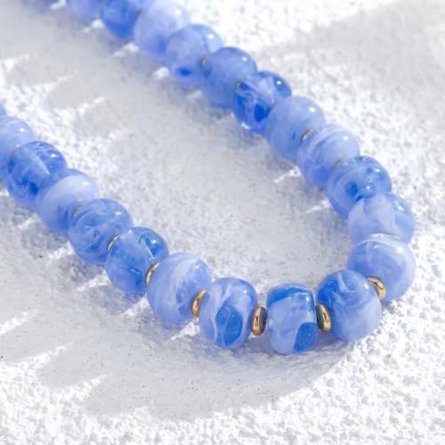 Chunky Beads Necklace for Women Trendy Gold Puffy Heart Choker Necklace Colorful Resin Beaded Heart Pendant Necklaces Statement Jewelry - color: Round-Light Blue