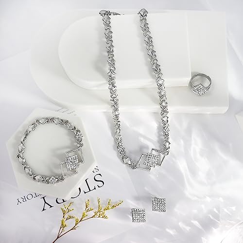 SYHOL Gold Jewelry Sets for Women 18K Gold/Silver Filled Jewelry Necklace Set Wedding Bridal Fashion Jewelry Sets Women Accessories Bracelets Earrings and Rings Sweetheart Gifts - color: X0030-Silver