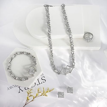 SYHOL Gold Jewelry Sets for Women 18K Gold/Silver Filled Jewelry Necklace Set Wedding Bridal Fashion Jewelry Sets Women Accessories Bracelets Earrings and Rings Sweetheart Gifts - color: X0030-Silver