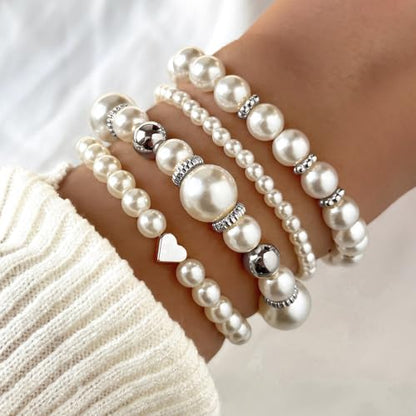 Pearl Bracelets for Women Simulated Pearl Beaded Bracelet White Pearls Stackable Stretch Bracelet Set Multilayered Elastic Pearls Bracelets for Women Bridesmaid Bridal Jewelry - color: silver