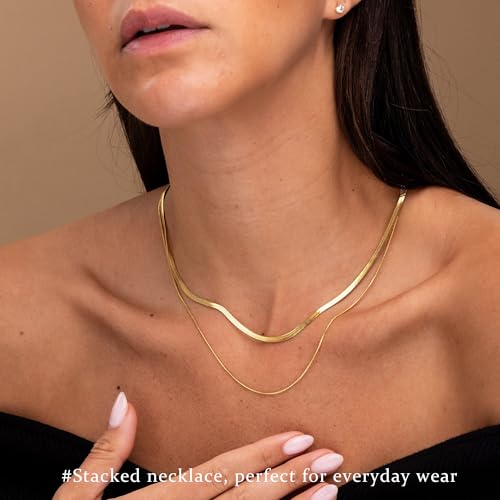 3PCS Gold Necklaces for Women,Chunky Statement Gold Plated Necklace Stack Layered Sterling Silver Herringbone Chains for Women Dainty Trendy Silver Chains Stacked Jewelry Gifts - color: Gold 2pc Chain