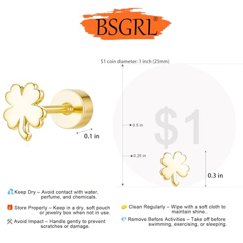 Flat Back Earrings for Women Cartilage Helix | Comfortable Dainty Cute Dragon Bee Bird Phoenix Dragonfly Cute Animal Leaf Spiral Rhombus Design Flatback Stud Earrings - color: gold clover