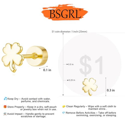Flat Back Earrings for Women Cartilage Helix | Comfortable Dainty Cute Dragon Bee Bird Phoenix Dragonfly Cute Animal Leaf Spiral Rhombus Design Flatback Stud Earrings - color: gold clover