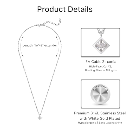 Dainty 316L Stainless Steel Square Necklace for Women Trendy, Cubic Zirconia Square Pendant Necklace Jewelry - color: Original SS