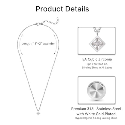 Dainty 316L Stainless Steel Square Necklace for Women Trendy, Cubic Zirconia Square Pendant Necklace Jewelry - color: Original SS