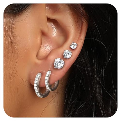 White Gold Earrings for Women Men Hoop and Stud Earring Set | Hypoallergenic 14K White Gold Plated Hoops Huggie Stud Earrings Set Round Cubic Zirconia Ear Jewelry - style: A1-White Gold-Hoop&Round Stud (5 Pairs)