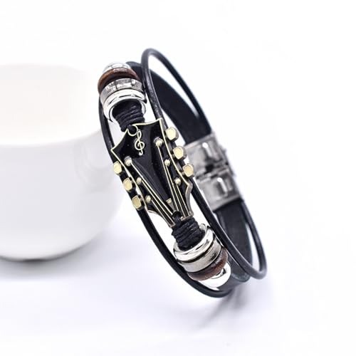 Angyape Retro Faux Leather Guitar Bracelet, Zinc Alloy Rock Music Guitar Leather Bracelet Punk Handmade Braided Multi-Layer Wrap Guitar Shape Decorative Cuff Bracelet Musical Enthusiast Gift - color: Black