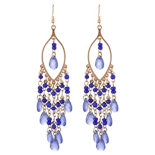 Essencedelight Crystal Beaded Tassel Earring Long Beaded Dangle Earring Fringe Hook Earring for Women Bridal Wedding - color: blue