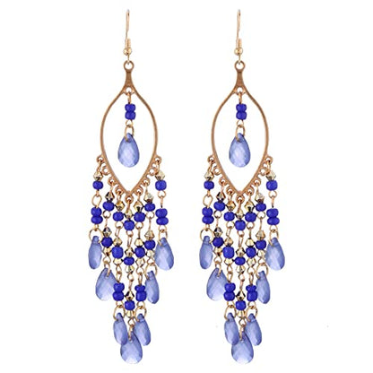 Essencedelight Crystal Beaded Tassel Earring Long Beaded Dangle Earring Fringe Hook Earring for Women Bridal Wedding - color: blue