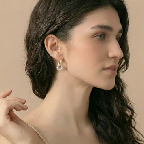 Pearl Earrings VeroSteel Dangle Earrings for Women, Dainty 14k Gold Huggie Hoop Earrings with Pearls, Trendy Pearl Drop Earrings, Stainless Steel Hypoallergenic Stud Earrings For Sensitive Ears - style: Asymmetric