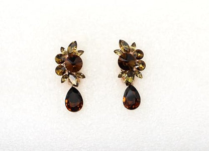 Faship Statement Dangling Floral Clip On Earrings For Women - color: Smoked Topaz Brown / Rose Gold Plated