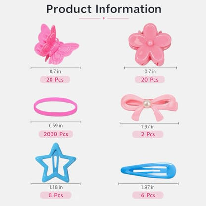 2056 Pcs Hair Accessories for Girls Gift Set, Colorful Elastic Rubber Bands Hair Ties with Mini Hair Clips, Toddler Ponytail Holders and Styling Tools