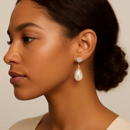 Pearl Clip on Earrings for Women - 14K Gold Silver Plated Cubic Zirconia Non Pierced Ear Clips Jewelry Gifts for Wedding Bridal Party Gifts - color: White-10mm