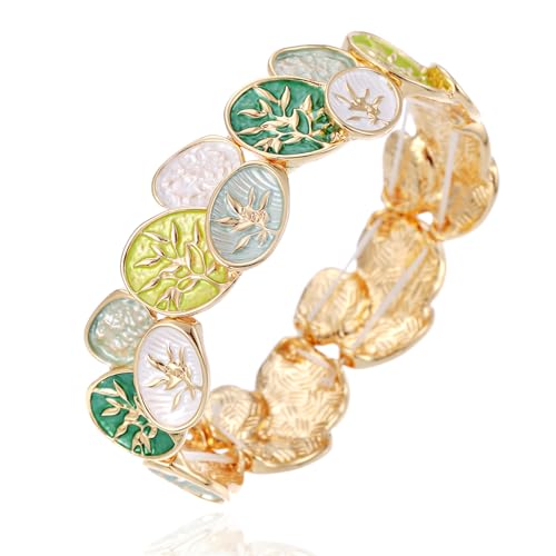 LUREME Oval Enamel Leaf Bracelet, Earth Tone & Jade Green Stretch Cuff, 3D Gold Branch Design, Elastic Bangle for Women, Nature-Inspired Jewelry(bl003693) - color: Green & Blue Nature Tones