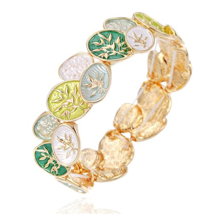 LUREME Oval Enamel Leaf Bracelet, Earth Tone & Jade Green Stretch Cuff, 3D Gold Branch Design, Elastic Bangle for Women, Nature-Inspired Jewelry(bl003693) - color: Green & Blue Nature Tones