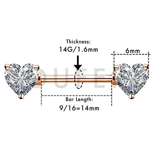 OUFER 2PCS 14G Surgical Steel Nipple Rings Barbell Heart CZ Nipple Rings Piercing for Women nippleshield Piercing Body Piercing - color: Rose Gold