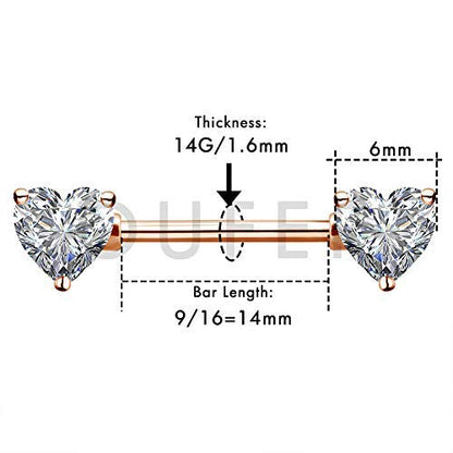 OUFER 2PCS 14G Surgical Steel Nipple Rings Barbell Heart CZ Nipple Rings Piercing for Women nippleshield Piercing Body Piercing - color: Rose Gold