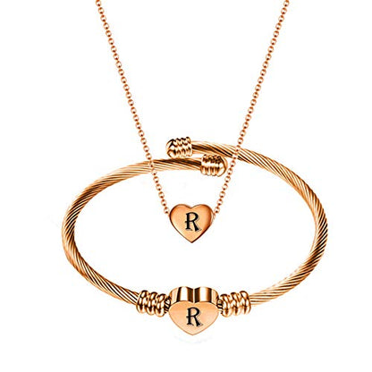 MYNENEY Necklace and Bracelet for Women Stainless Steel Initial Jewelry Set - color: Rose Gold-R