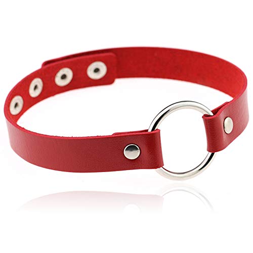 ETHOON Adjustable Leather Choker Collar Soft PU Circle Punk Choker Necklace for Women - color: red