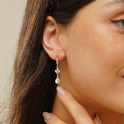 Plenky Pearl Earrings-14K Gold Plated Dainty Pearl Drop Simple Wedding CZ Dangle Dangling Cute Stud Earrings for Brides Earrings for Women Gifts - style: Leaf Pearl Earrings
