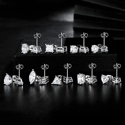 MDFUN 9 Pairs 18K Gold Plated Stud Earrings Set for Women, Cubic Zirconia Earrings Studs, CZ Diamond Jewelry Hypoallergenic, Round Square Teardrop Eye Heart Cut, Size 6-11mm - color: White