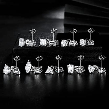 MDFUN 9 Pairs 18K Gold Plated Stud Earrings Set for Women, Cubic Zirconia Earrings Studs, CZ Diamond Jewelry Hypoallergenic, Round Square Teardrop Eye Heart Cut, Size 6-11mm - color: White