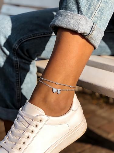 FaithHeart Waterproof Initial Ankle Bracelets for Women, Initial Anklets with Heart CZ Stainless Steel Layered Letter A-Z Anklet No Tarnish Ankle Jewelry - color: Silver, size: Initial E