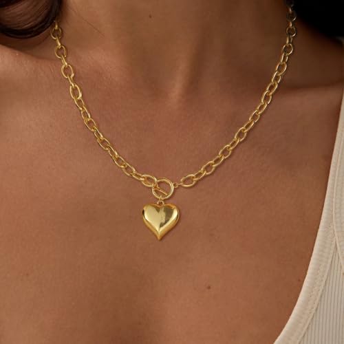 Dainty Heart Necklace for Women, 14k Gold Plated/Rose Gold/Silver Tiny Cute Heart Pendant Necklace Minimalist Choker CZ Necklace Jewelry Gifts for Women - style: Chunky Heart-gd