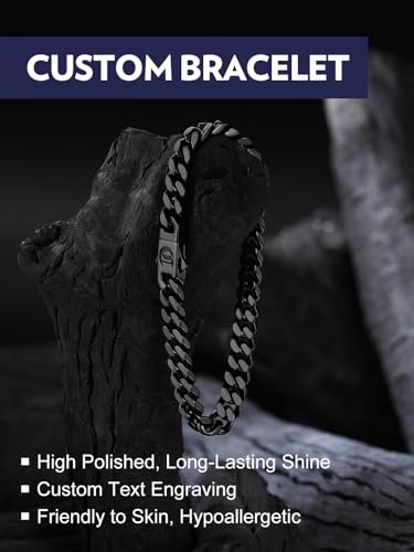 Bandmax Mens Hip Hop Cuban Link Bracelets 5/7/9/12MM Stainless Steel Miami Curb Chain Bracelet Silver/Gold Plated/Black Wristlet Chains for Men 7"-9" - color: 17 7MM Black-Custom