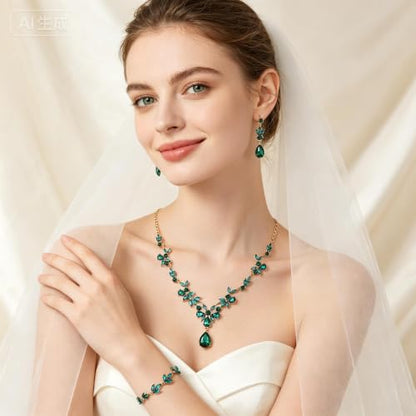 Kamirola Bridal Jewelry Set, Jewelry Set for Women, Necklace Dangle Earrings Bracelet Set, White Gold Plated (TR76) - color: Green
