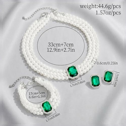 Brishow Pearl Necklace Jewelry Set Wedding Pearls Earrings Necklaces Set Bridal Crystal Bracelet Jewelry for Women (Pack of 3) - color: Green, size: 3 Layered