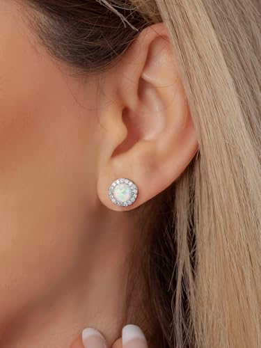 SWEETV Cubic Zirconia Stud Earrings, 8mm Round Cut, Rhinestone Hypoallergenic Earrings for Women & Girls | 9mm Round Cut Hypoallergenic 925 Sterling Silver Stud Earrings for Bridal Bridesmaid Prom Weddings Parties,Silver - color: 13.Opal Blue