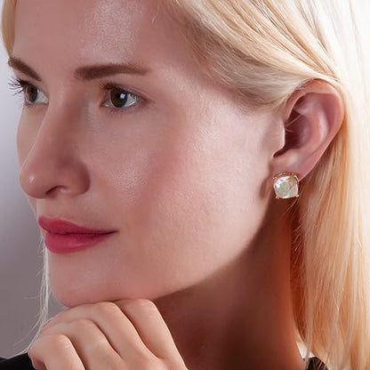 Large Square Stud Earrings for Women - Big Sparkly Rhinestone Studs | Plated in Gold Tone or Silver Tone, Hypoallergenic and Safe for Sensitive Ears - color: Mother of Pearl