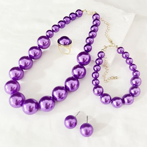 xuzhiyuan Statement Pearl Jewelry Set for Women - Includes Necklace, Bracelet, Earrings, and Ring | Colorful Faux Pearl Fashion Jewelry Set for Party, Wedding, Daily Wear - color: Purple