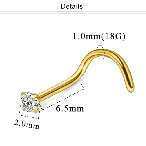 Nose Studs Surgical Steel Nose Rings Studs with Cubic Zirconia 10Pcs Tiny Nostril Rings for Women Screw Bone and L-Shaped Nostril Piercing Jewelry 24G 22G 20G 18G - color: goldtone,screw nose studs, size: 18g,2.0mm Clear CZ