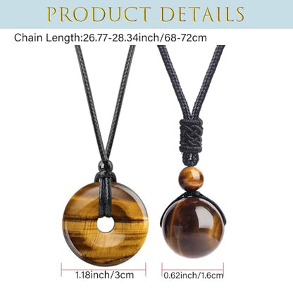 2pcs Natural Crystal Stone Lucky Coin Crystal Necklace Donut Pendnat, 16mm Stone Bead Pendant for Women and Men Necklace - color: Tiger's Eye
