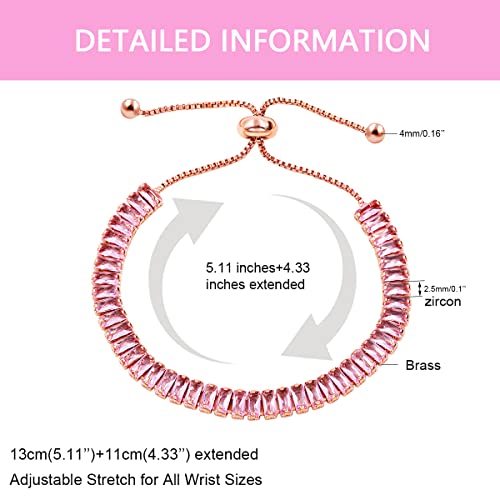 Uloveido Classic Emerald Cut Rectangular Cubic Zirconia Eternity Tennis Bracelet Adjustable for Women Y1788 - color: Rose Gold-pink
