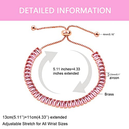 Uloveido Classic Emerald Cut Rectangular Cubic Zirconia Eternity Tennis Bracelet Adjustable for Women Y1788 - color: Rose Gold-pink