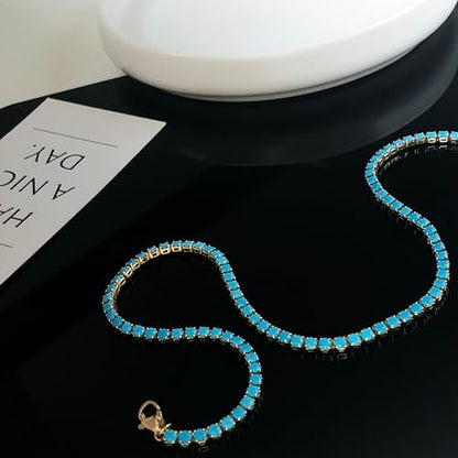 Luxval Tennis Necklace 14K Gold Plated Rhinestone Butterfly Choker Necklaces for women Dainty Zirconia Cut Faux Diamond chain 3mm - color: Gold-Turquoise tennis