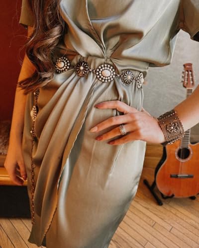Montana West Rustic Couture's Turquoise Western Concho Chain Belt for Women | Large Western Cowgirl Metal Adjustable Boho Body Chain Belt for Dresses Jeans Country Concert - color: Angel White