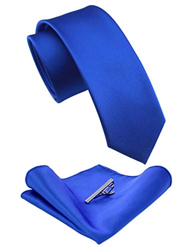 JEMYGINS 2.4" Solid Color Skinny Tie and Pocket Square with Tie Clip Sets for Men (6cm) - color: Blue