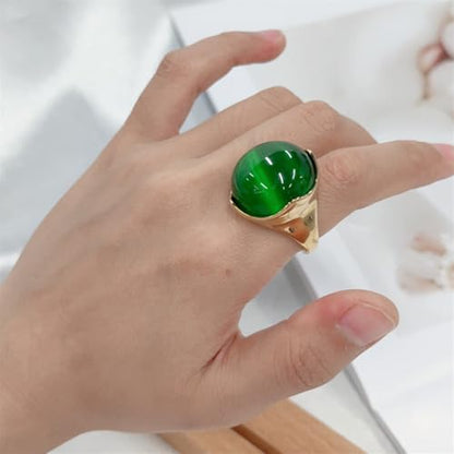 OIDIMS Green Cat Eye Stone Statement Ring for Women 18k Gold-Tone Plated Stainless Steel Geometric Round Gemstone Rings Wedding Knuckle Middle Finger Band Fashion Jewelry Comfort Fit Cocktail Party