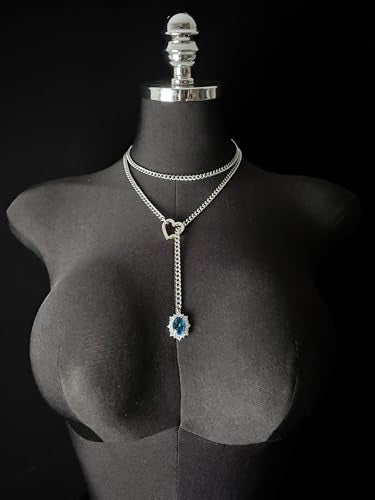 Women's Heart O-Ring Slip Chain Necklace, Double Layered Adjustable 39'' Cuban Chain with Detachable Heart Clasp and Colorful Rhinestone Pendant - color: 39'' Silver-Ocean Blue