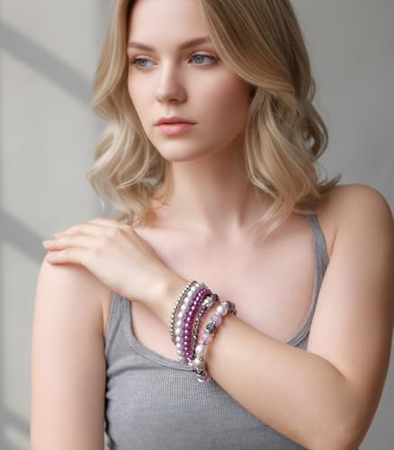 Noessla Beaded Pearl Stretch Bracelet Silver Stackable Crystal Beads Bracelets Trendy Costume Jewelry Mothers Day Gifts for Women - color: Purple