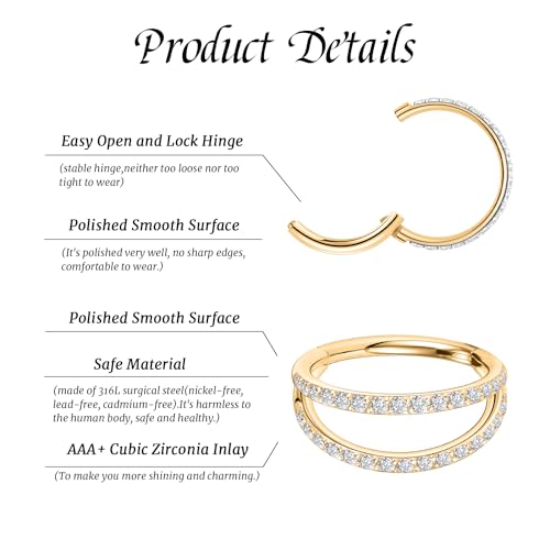 GAGABODY 2 Pcs Nose Rings 22G 20G 18G 16G 14G 12G 10G 8G Surgical Steel Piercing Rings for Nose Septum Cartilage Helix Tragus Conch Rook Daith Lobe from 5mm to 16mm Seamless Hoop Unisex Hinged Earrings - color: Gold-Single CZ+Double CZ