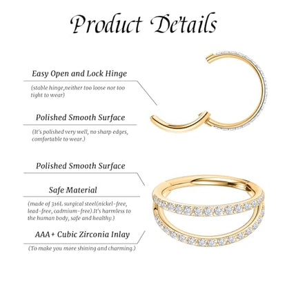 GAGABODY 2 Pcs Nose Rings 22G 20G 18G 16G 14G 12G 10G 8G Surgical Steel Piercing Rings for Nose Septum Cartilage Helix Tragus Conch Rook Daith Lobe from 5mm to 16mm Seamless Hoop Unisex Hinged Earrings - color: Gold-Single CZ+Double CZ
