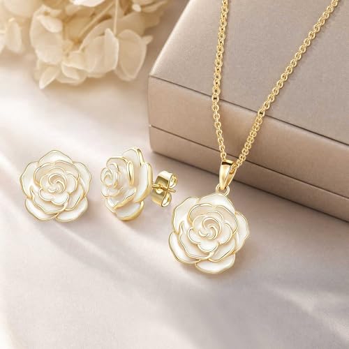 Enamel Rose Necklace and Earrings Jewelry Set for Women | 14K Gold Plated,Rose Represent: Love Gratitude Prid,Adjustable Chain Fit,Elegant Sets for Daily and Party Wear,Gift Box - color: White
